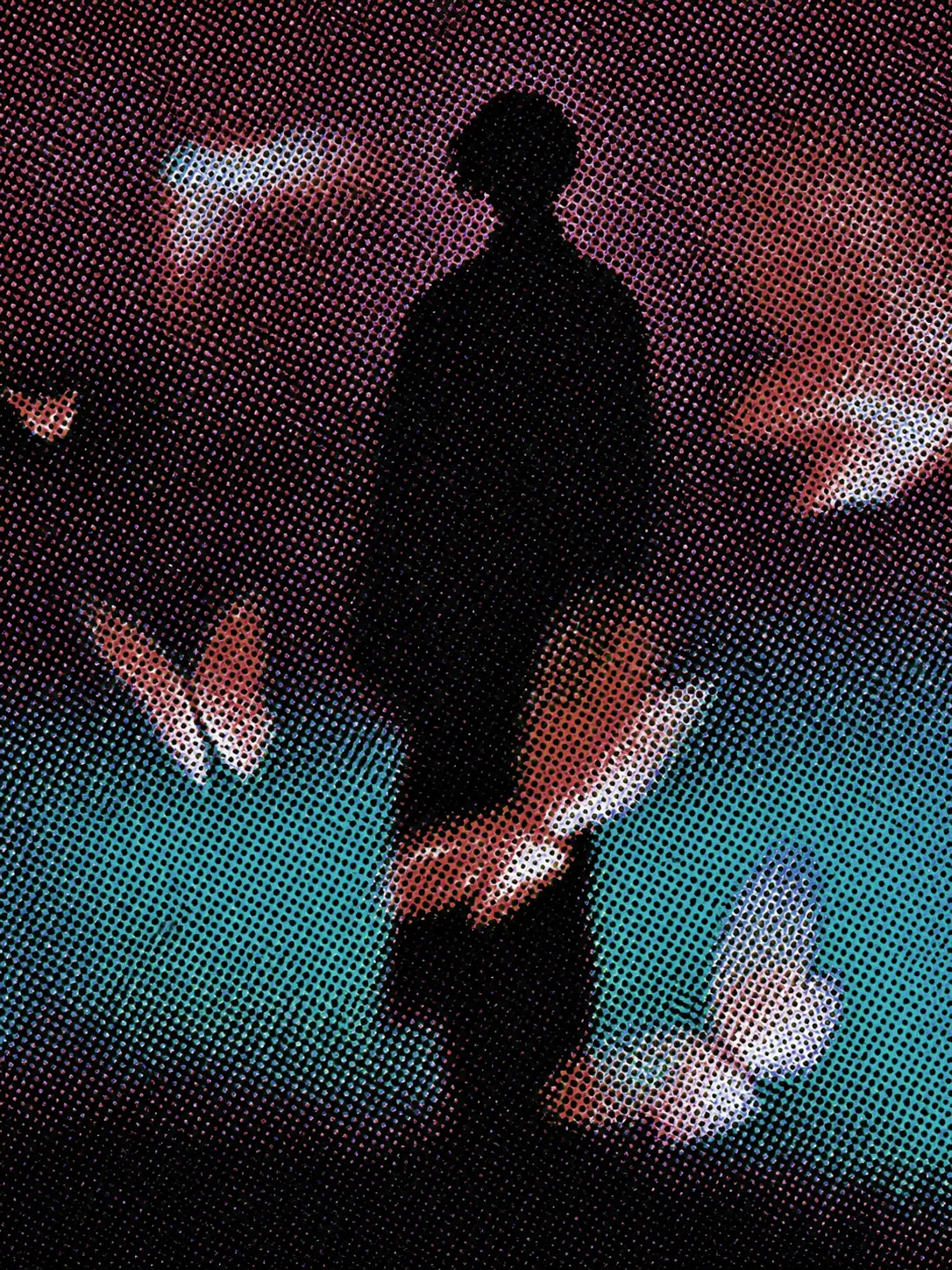 Halftone illustration of a silhouetted figure amid soft pink and teal light