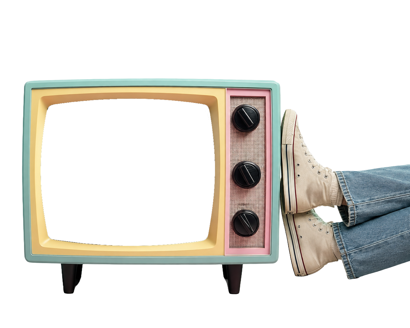 Hand resting on a navy vintage television