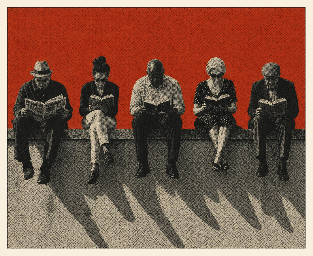 Halftone illustration of five people sitting on a wall reading books against a red background