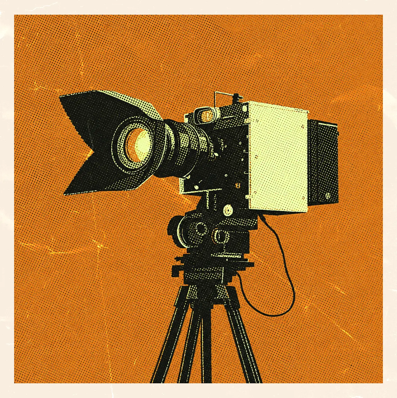 Halftone illustration of a vintage film camera on a tripod against an orange background