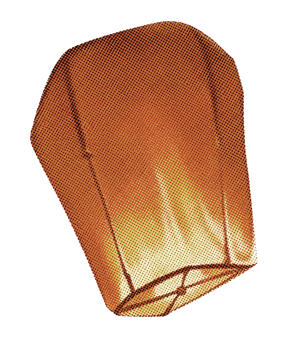 A glowing paper sky lantern, rendered with a halftone print texture in burnt orange and warm yellow against the dark.