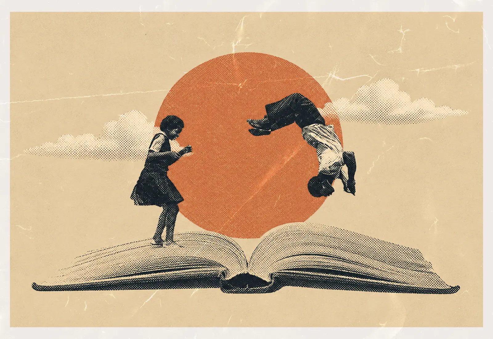 Halftone illustration of two children playing on a giant open book against a setting sun
