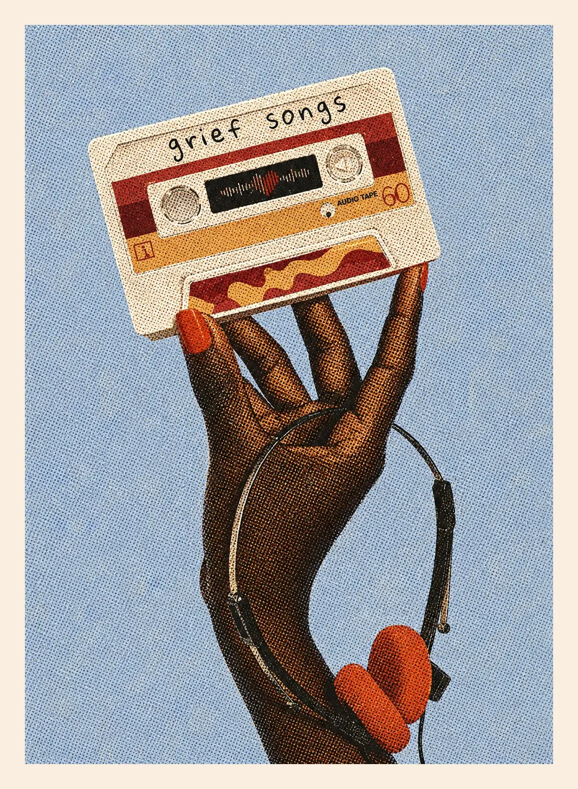 Halftone illustration of a hand holding a cassette tape labelled grief songs with headphones