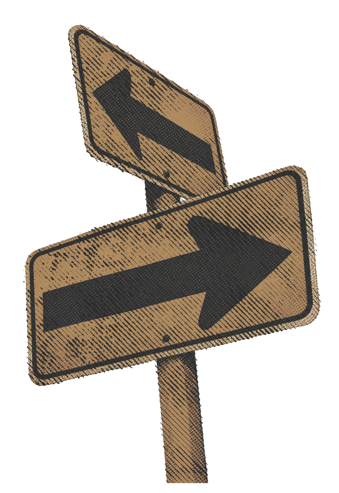 Two weathered direction signs pointing different ways