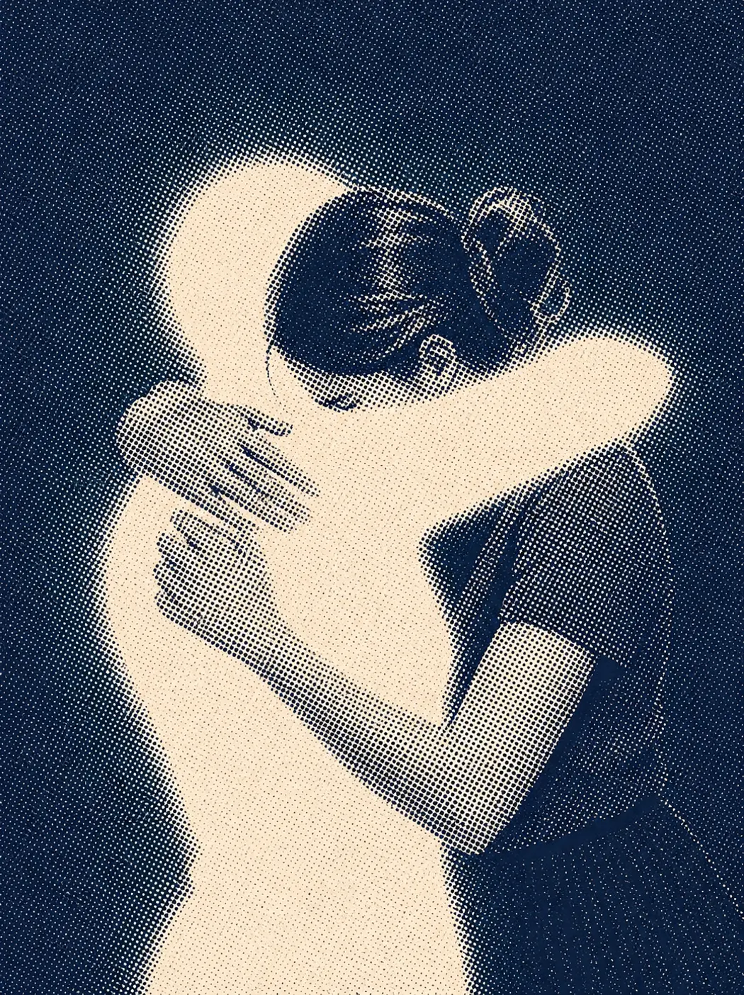 A halftone illustration of two people holding one another