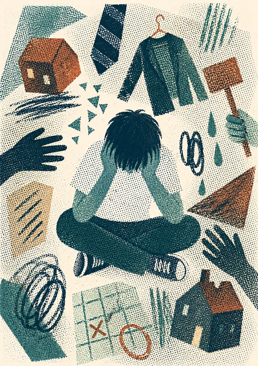 A halftone illustration of two people holding one another
