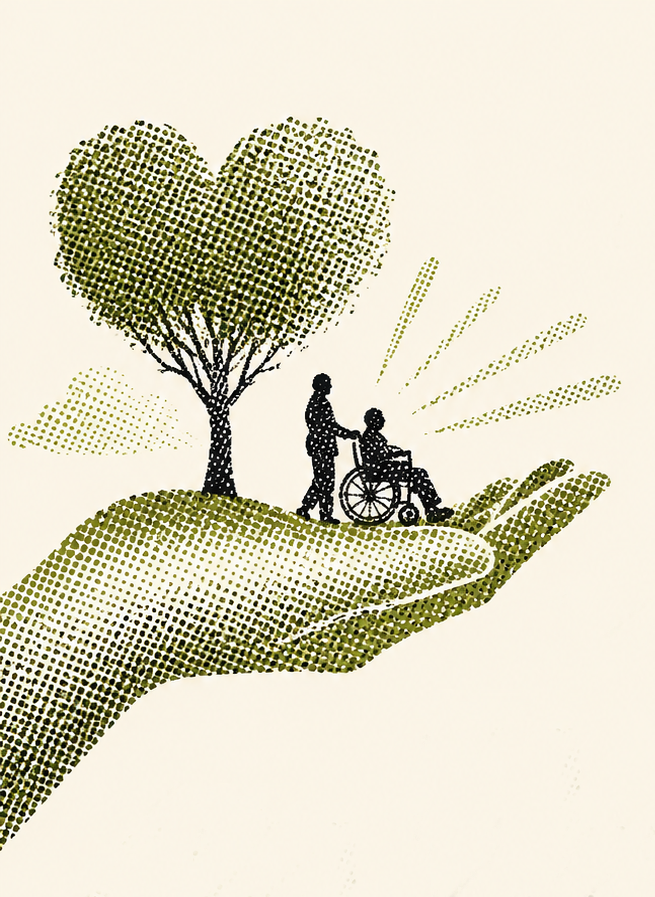 A halftone illustration of two people holding one another