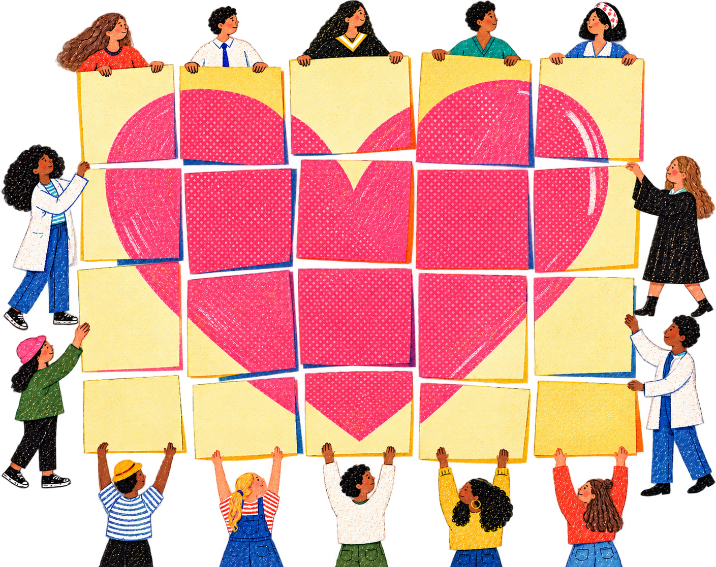 Fourteen people of different walks of life holding panels that together form a single pink heart