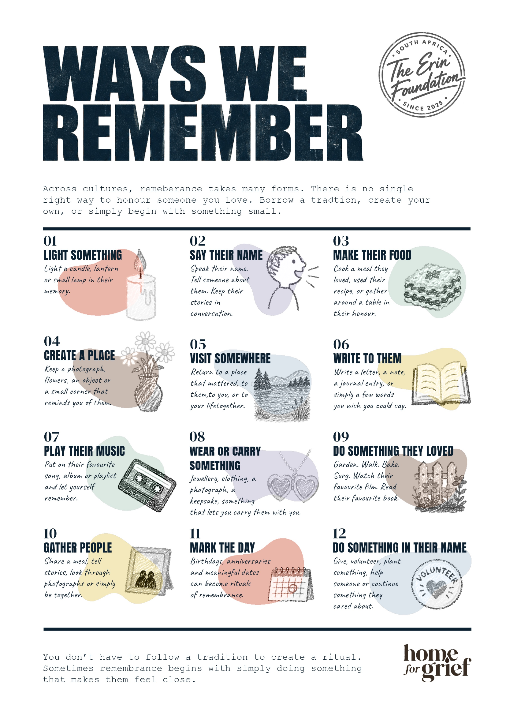 Ways We Remember poster: twelve small rituals for honouring someone you love, including lighting a candle, saying their name, cooking their food and writing to them.