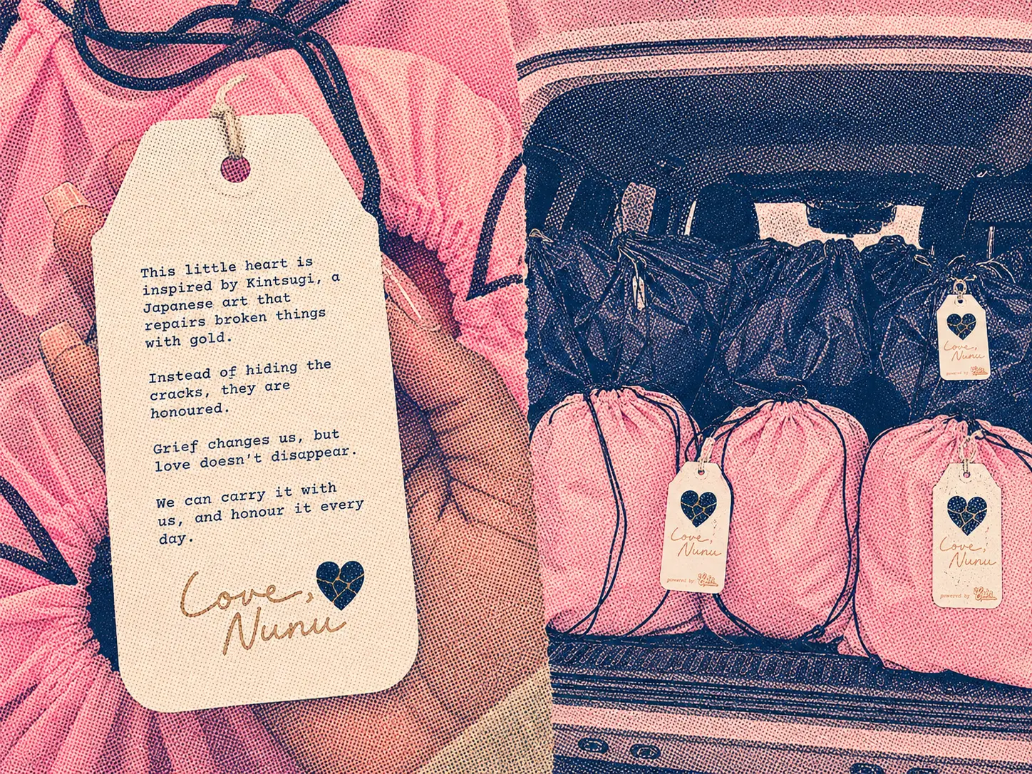 Love, Nunu grief-care packages with Kintsugi heart tags