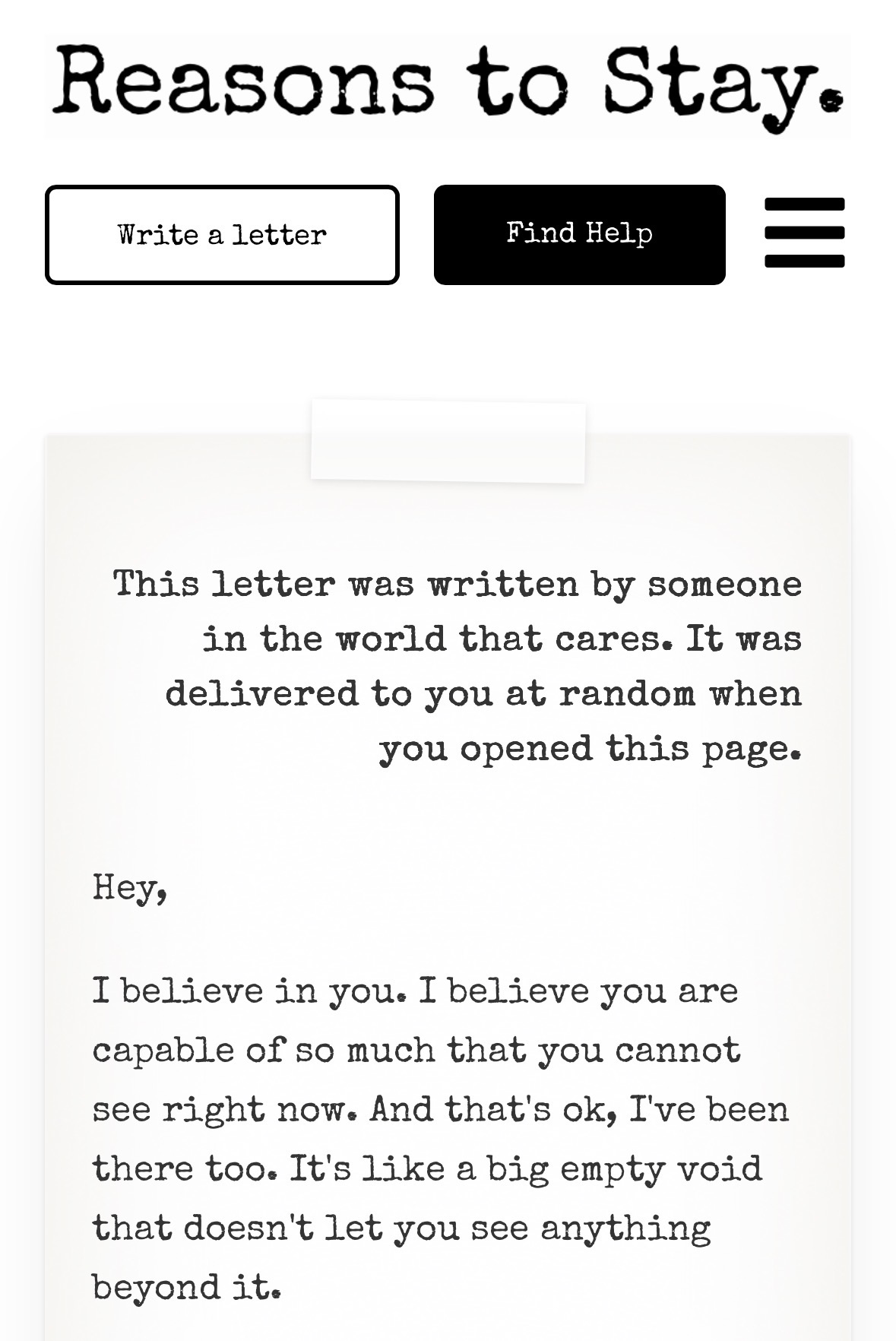 Screenshot of reasonstostay.org — a letter from someone in the world who cares