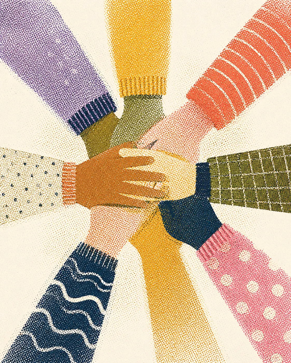 A halftone illustration of two people holding one another