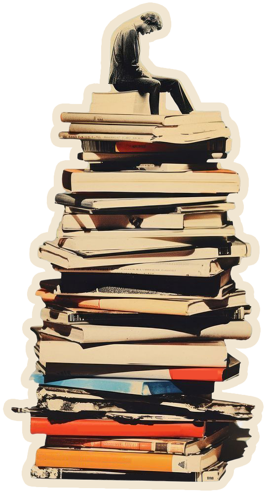 A tall, worn stack of non-fiction books with a figure sitting on top, head bowed